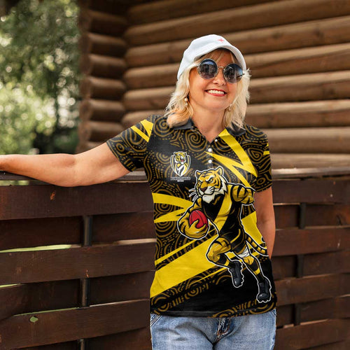Richmond Tigers Australian Football Women Polo Shirt Powerful Tiger Mascot With Indigenous Pattern Art