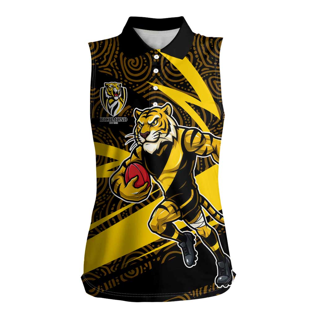 Richmond Tigers Australian Football Women Sleeveless Polo Shirt Powerful Tiger Mascot With Indigenous Pattern Art