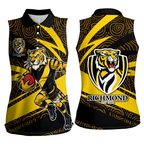Richmond Tigers Australian Football Women Sleeveless Polo Shirt Powerful Tiger Mascot With Indigenous Pattern Art