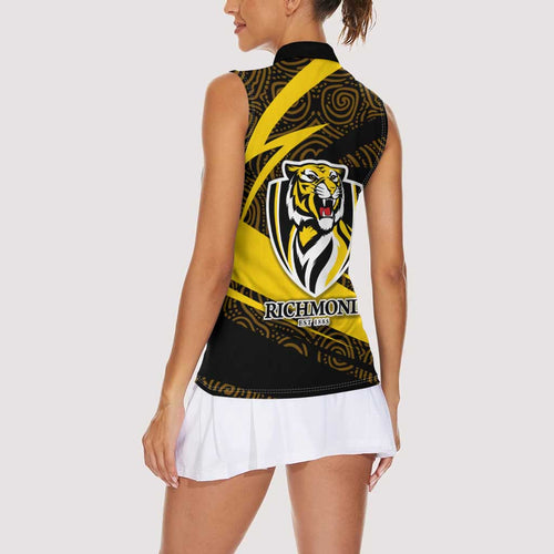 Richmond Tigers Australian Football Women Sleeveless Polo Shirt Powerful Tiger Mascot With Indigenous Pattern Art