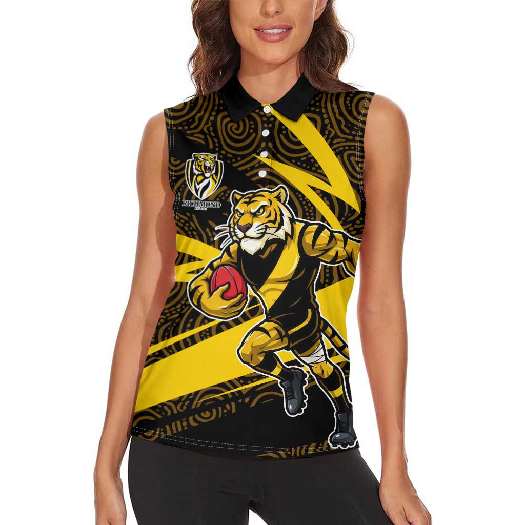 Richmond Tigers Australian Football Women Sleeveless Polo Shirt Powerful Tiger Mascot With Indigenous Pattern Art