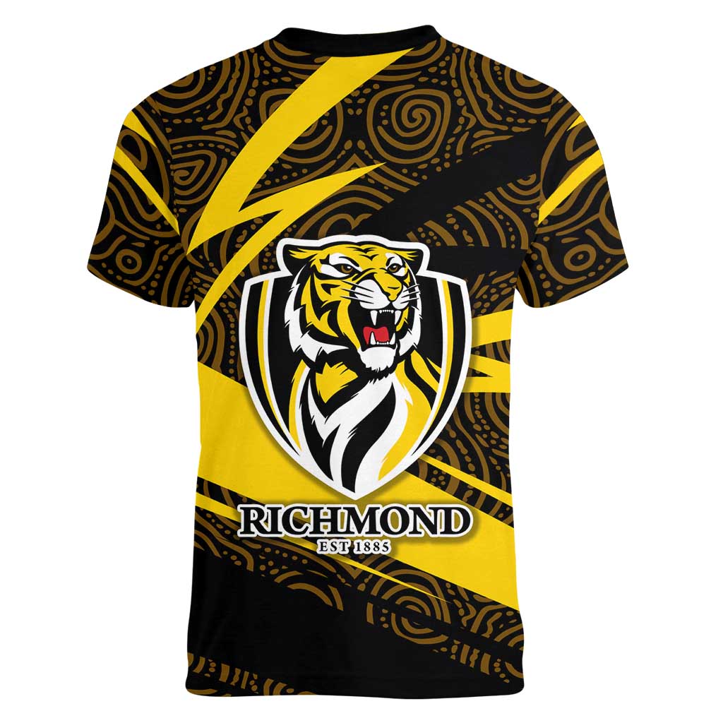 Richmond Tigers Australian Football Women V-Neck T-Shirt Powerful Tiger Mascot With Indigenous Pattern Art