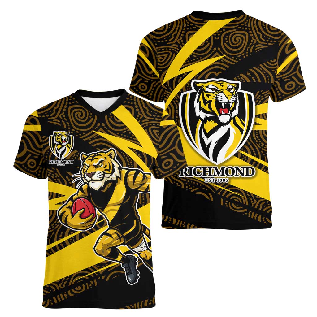 Richmond Tigers Australian Football Women V-Neck T-Shirt Powerful Tiger Mascot With Indigenous Pattern Art