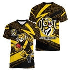 Richmond Tigers Australian Football Women V-Neck T-Shirt Powerful Tiger Mascot With Indigenous Pattern Art
