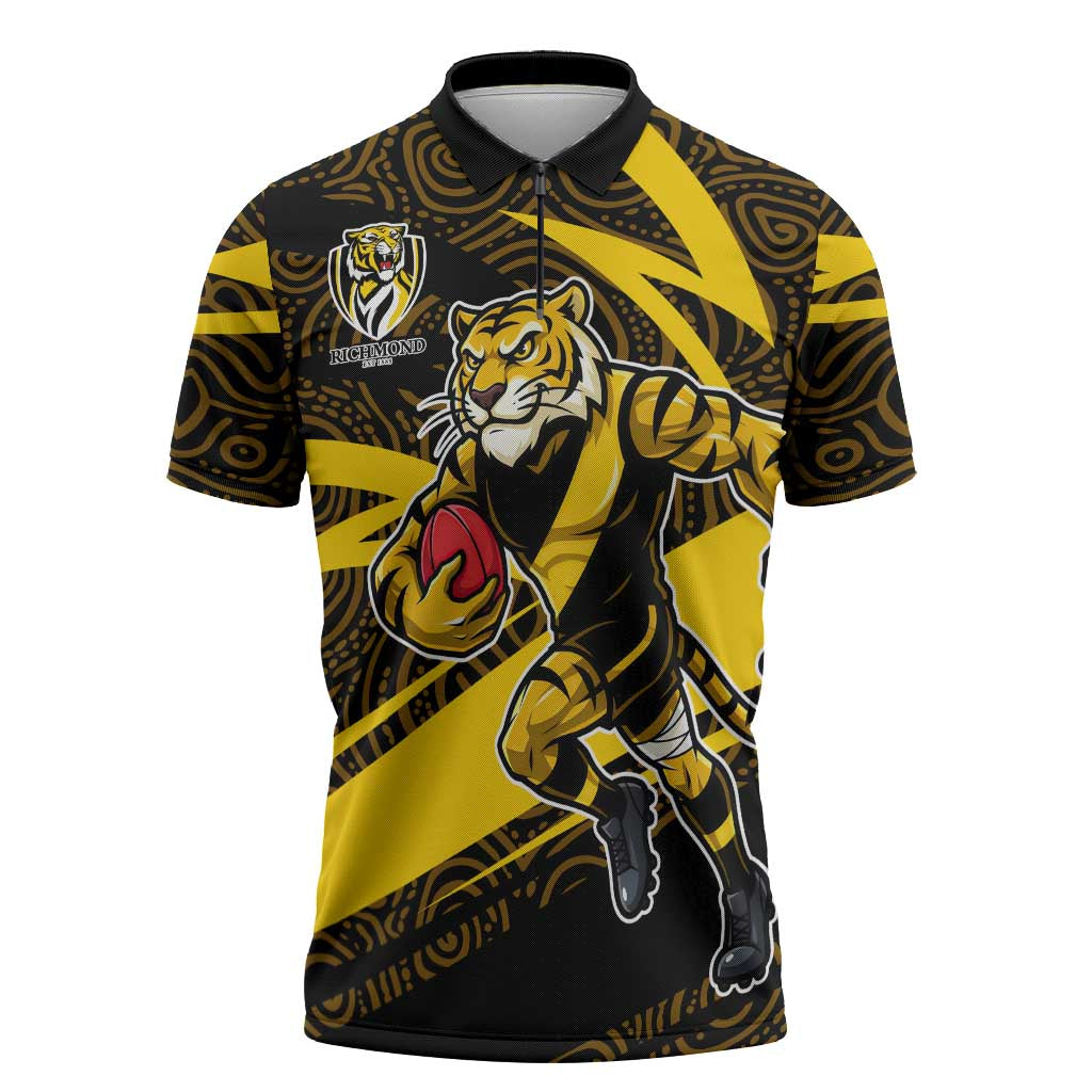 Richmond Tigers Australian Football Zipper Polo Shirt Powerful Tiger Mascot With Indigenous Pattern Art