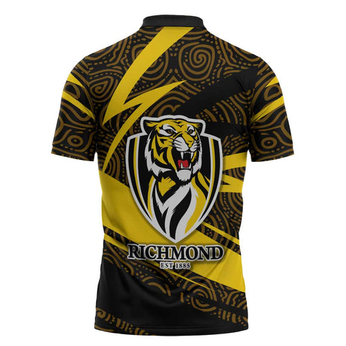 Richmond Tigers Australian Football Zipper Polo Shirt Powerful Tiger Mascot With Indigenous Pattern Art