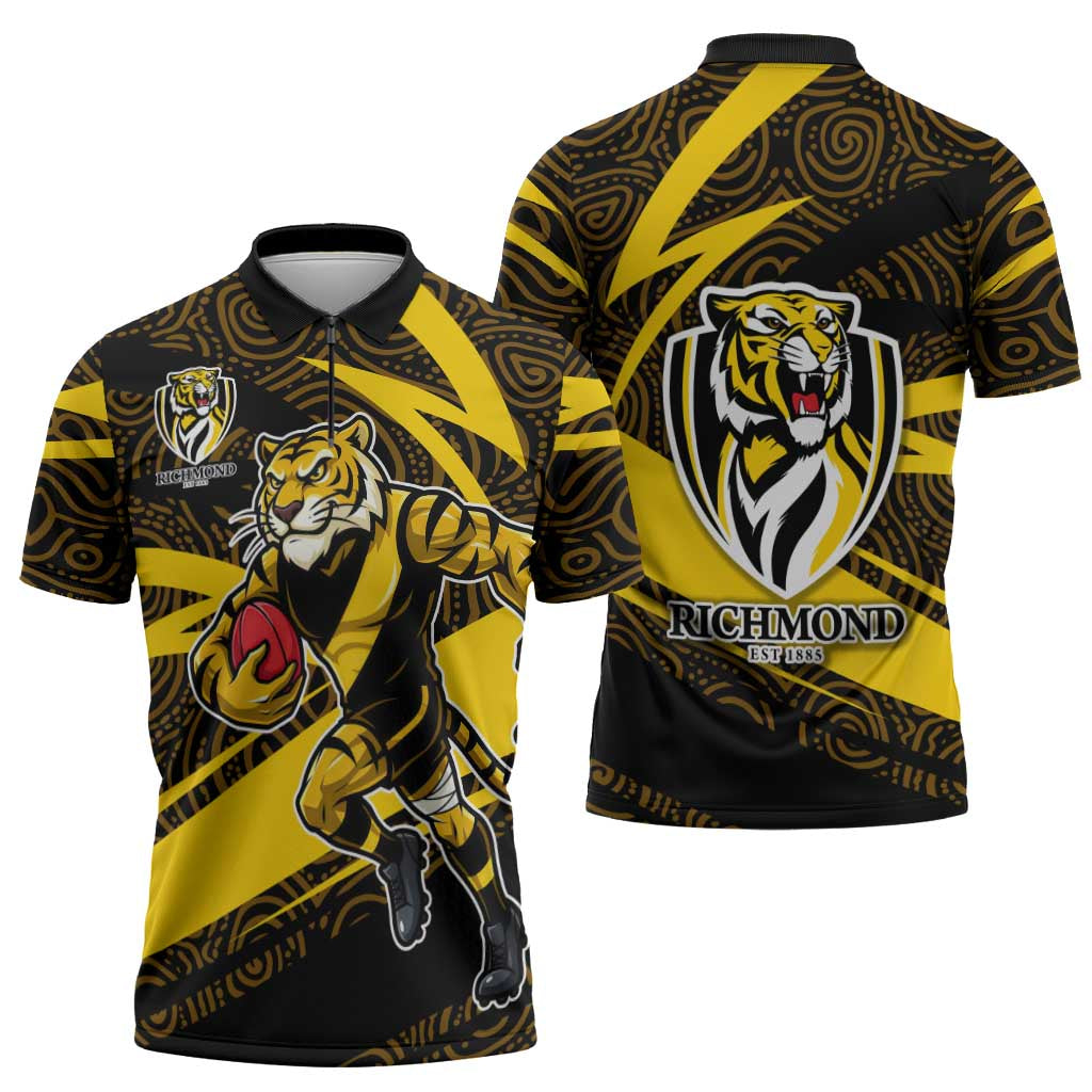 Richmond Tigers Australian Football Zipper Polo Shirt Powerful Tiger Mascot With Indigenous Pattern Art