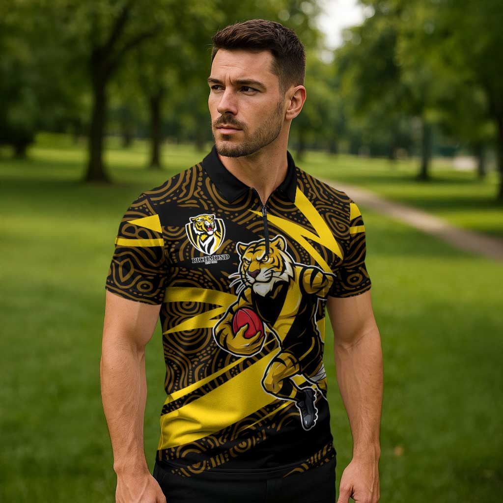 Richmond Tigers Australian Football Zipper Polo Shirt Powerful Tiger Mascot With Indigenous Pattern Art