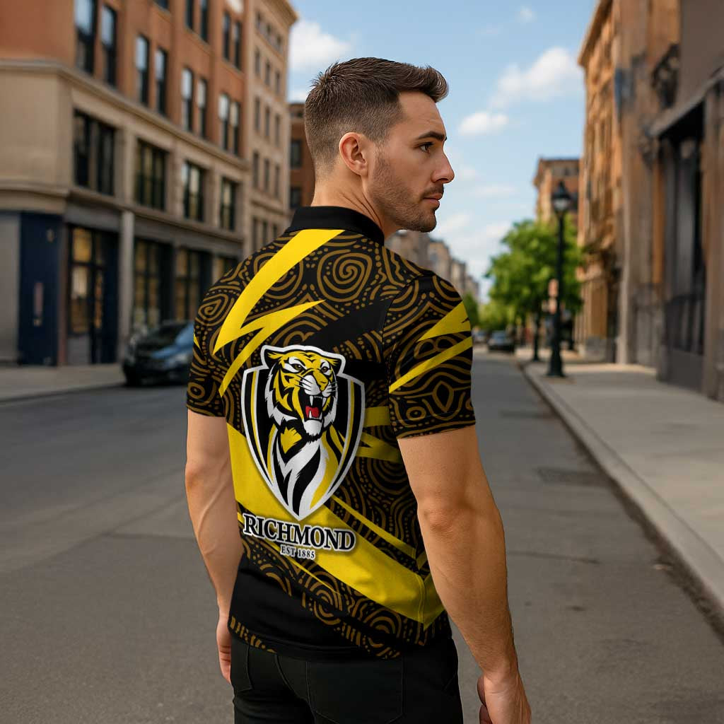 Richmond Tigers Australian Football Zipper Polo Shirt Powerful Tiger Mascot With Indigenous Pattern Art