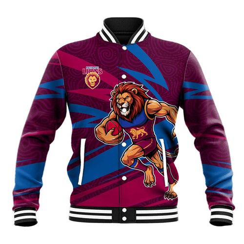 Brisbane Lions Australian Football Baseball Jacket Regal Lion Mascot With Indigenous Pattern Art