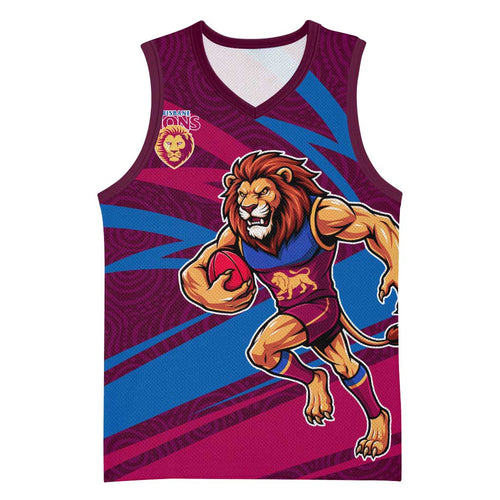 Brisbane Lions Australian Football Basketball Jersey Regal Lion Mascot With Indigenous Pattern Art