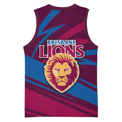 Brisbane Lions Australian Football Basketball Jersey Regal Lion Mascot With Indigenous Pattern Art