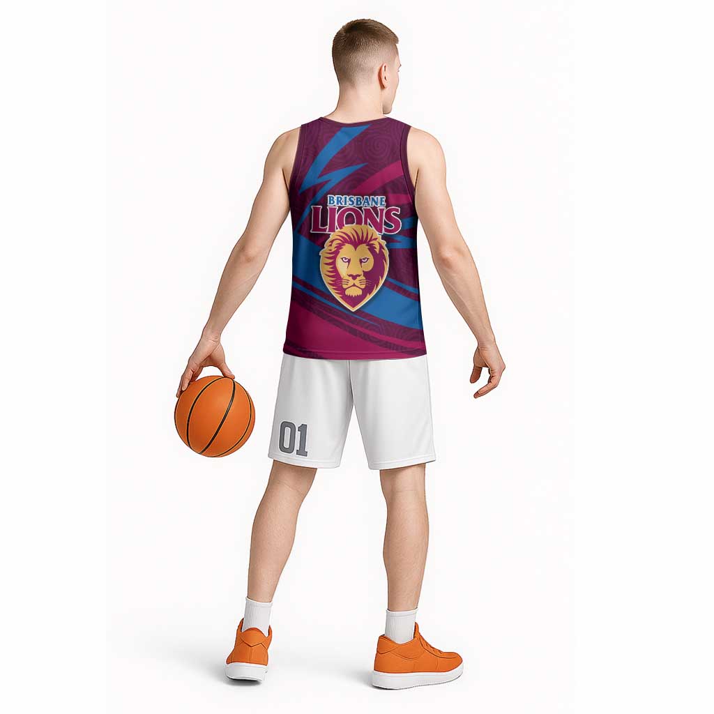 Brisbane Lions Australian Football Basketball Jersey Regal Lion Mascot With Indigenous Pattern Art