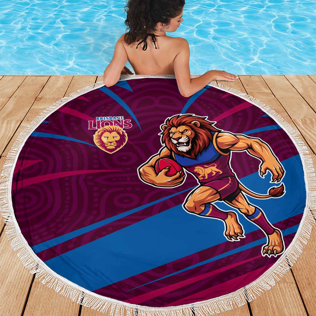 Brisbane Lions Australian Football Beach Blanket Regal Lion Mascot With Indigenous Pattern Art