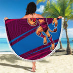 Brisbane Lions Australian Football Beach Blanket Regal Lion Mascot With Indigenous Pattern Art