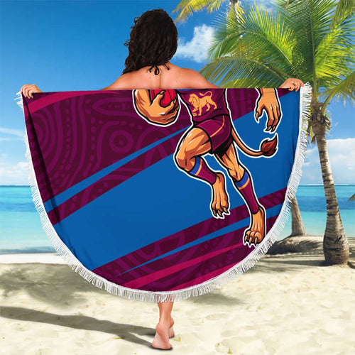 Brisbane Lions Australian Football Beach Blanket Regal Lion Mascot With Indigenous Pattern Art