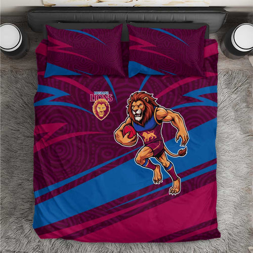 Brisbane Lions Australian Football Bedding Set Regal Lion Mascot With Indigenous Pattern Art