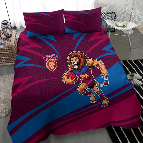 Brisbane Lions Australian Football Bedding Set Regal Lion Mascot With Indigenous Pattern Art