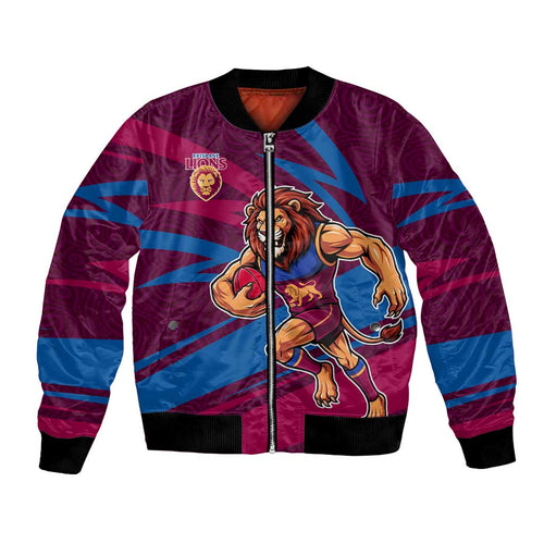 Brisbane Lions Australian Football Bomber Jacket Regal Lion Mascot With Indigenous Pattern Art