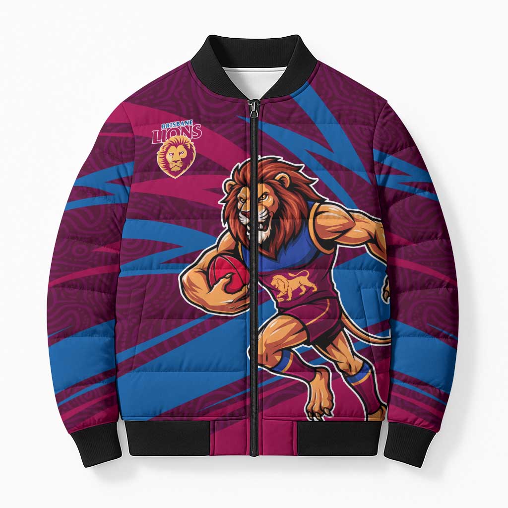 Brisbane Lions Australian Football Bomber Puffer Jacket Regal Lion Mascot With Indigenous Pattern Art