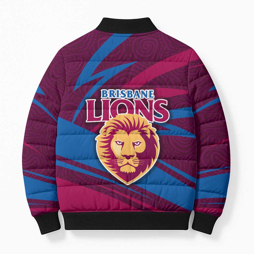 Brisbane Lions Australian Football Bomber Puffer Jacket Regal Lion Mascot With Indigenous Pattern Art