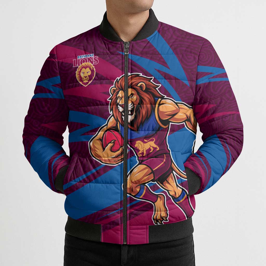 Brisbane Lions Australian Football Bomber Puffer Jacket Regal Lion Mascot With Indigenous Pattern Art