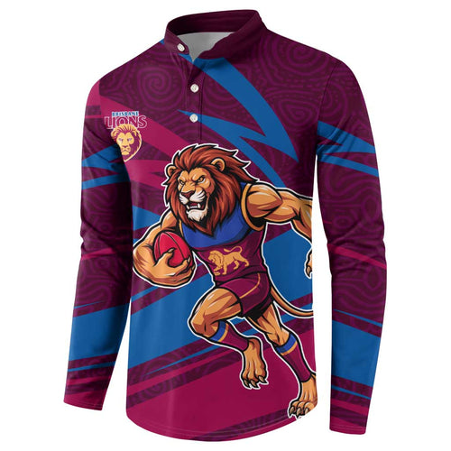 Brisbane Lions Australian Football Button Sweatshirt Regal Lion Mascot With Indigenous Pattern Art