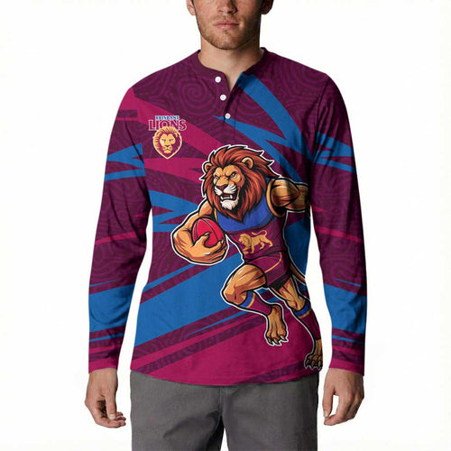 Brisbane Lions Australian Football Button Sweatshirt Regal Lion Mascot With Indigenous Pattern Art