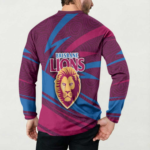 Brisbane Lions Australian Football Button Sweatshirt Regal Lion Mascot With Indigenous Pattern Art