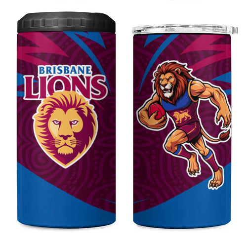 Brisbane Lions Australian Football 4 in 1 Can Cooler Tumbler Regal Lion Mascot With Indigenous Pattern Art