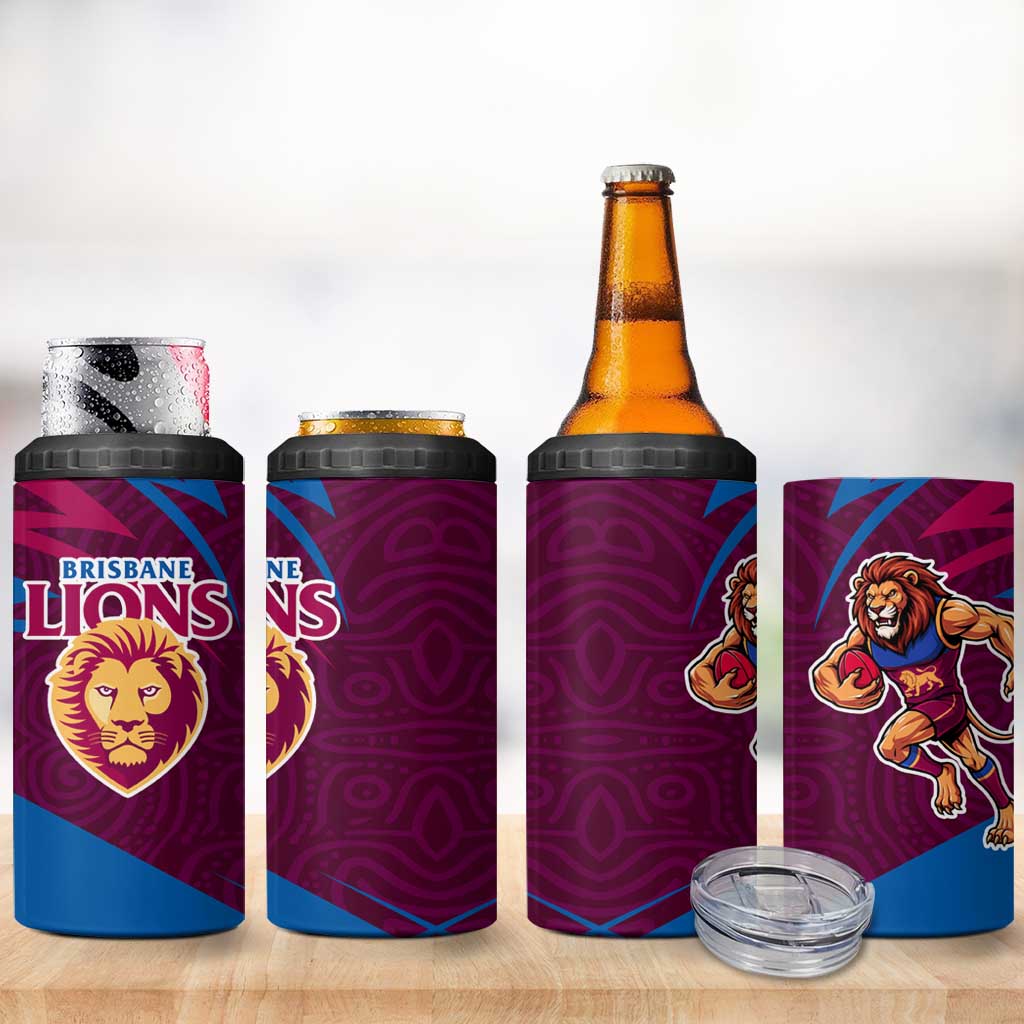 Brisbane Lions Australian Football 4 in 1 Can Cooler Tumbler Regal Lion Mascot With Indigenous Pattern Art