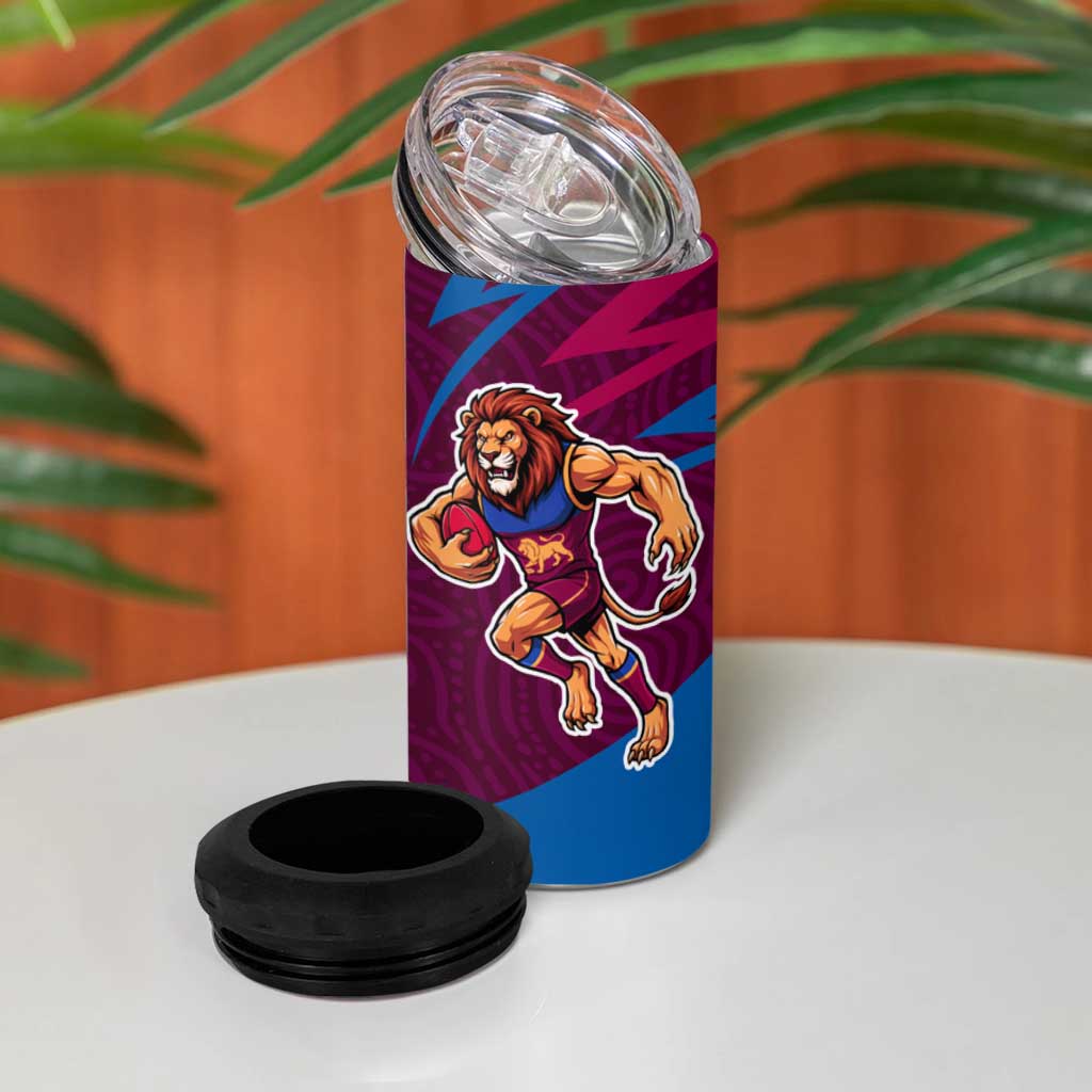 Brisbane Lions Australian Football 4 in 1 Can Cooler Tumbler Regal Lion Mascot With Indigenous Pattern Art