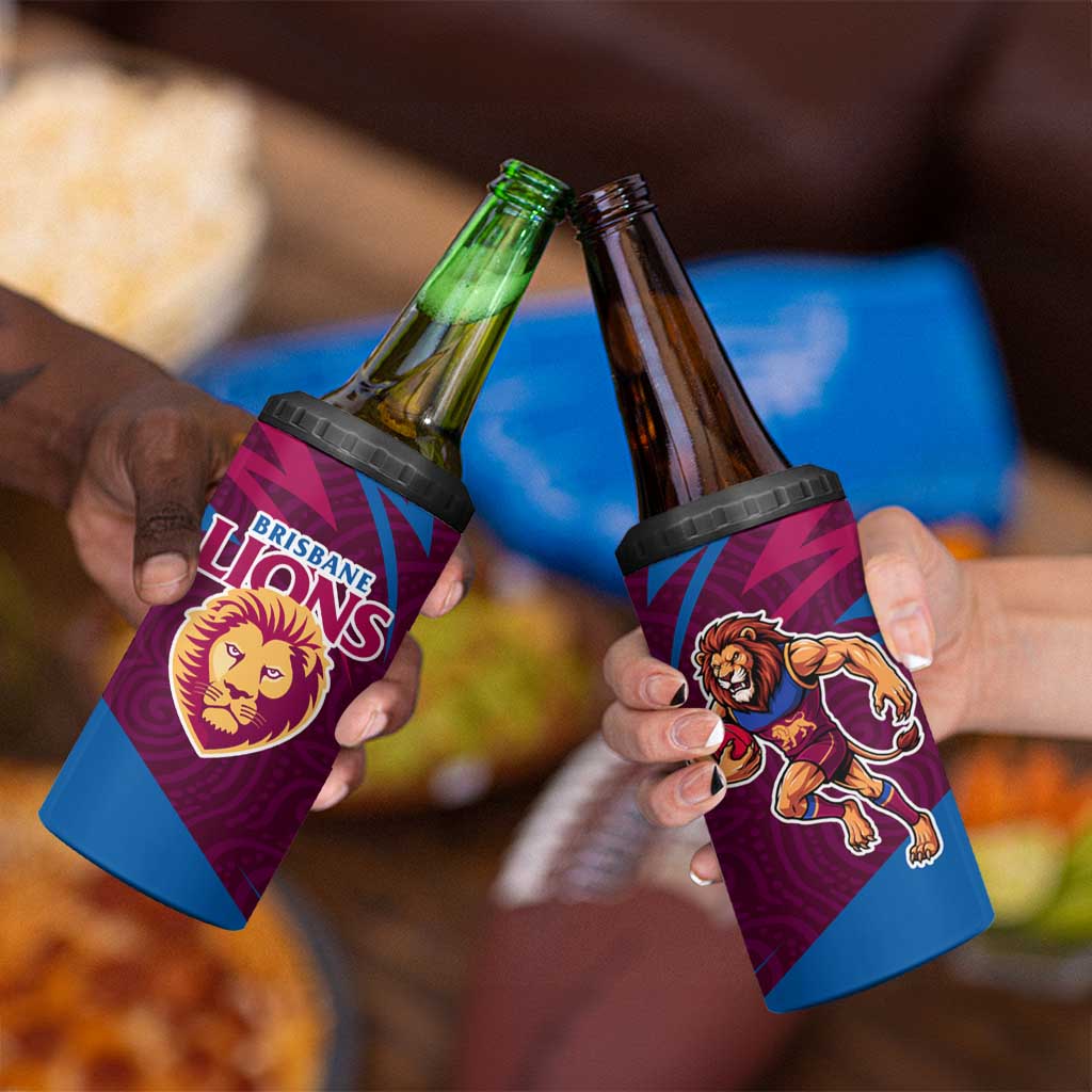 Brisbane Lions Australian Football 4 in 1 Can Cooler Tumbler Regal Lion Mascot With Indigenous Pattern Art