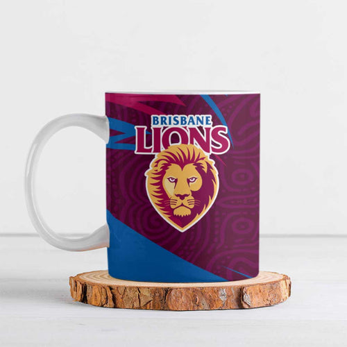 Brisbane Lions Australian Football Ceramic Mug Regal Lion Mascot With Indigenous Pattern Art