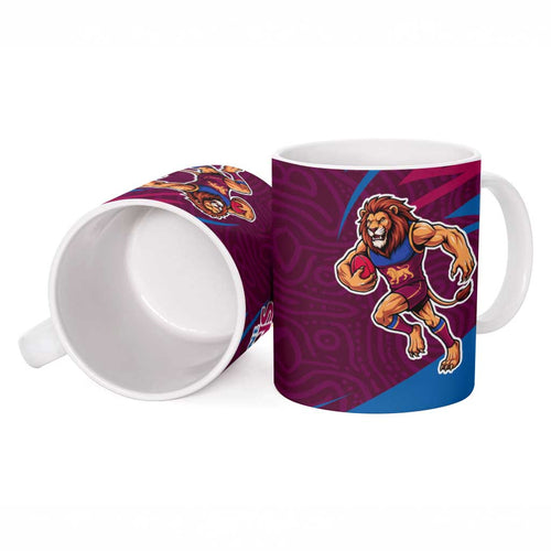 Brisbane Lions Australian Football Ceramic Mug Regal Lion Mascot With Indigenous Pattern Art