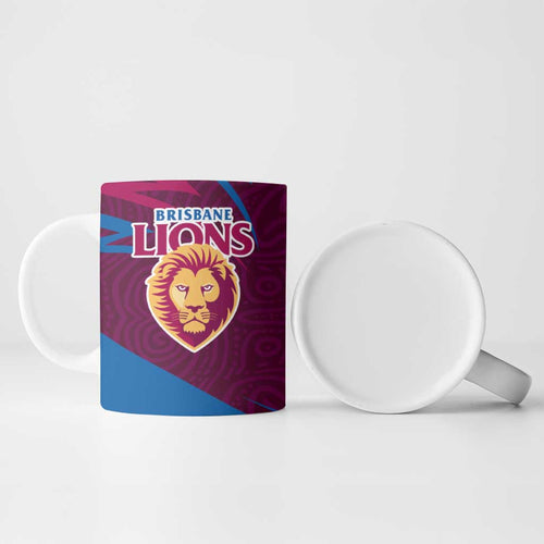 Brisbane Lions Australian Football Ceramic Mug Regal Lion Mascot With Indigenous Pattern Art