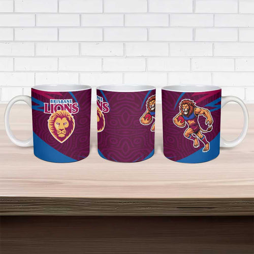 Brisbane Lions Australian Football Ceramic Mug Regal Lion Mascot With Indigenous Pattern Art