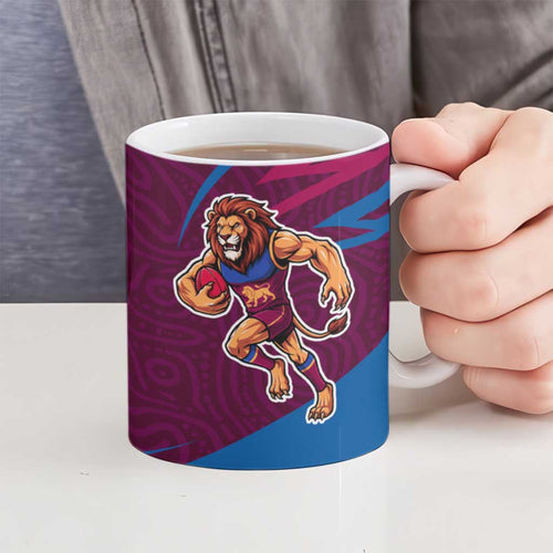 Brisbane Lions Australian Football Ceramic Mug Regal Lion Mascot With Indigenous Pattern Art