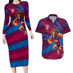 Brisbane Lions Australian Football Couples Matching Long Sleeve Bodycon Dress and Hawaiian Shirt Regal Lion Mascot With Indigenous Pattern Art