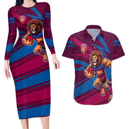 Brisbane Lions Australian Football Couples Matching Long Sleeve Bodycon Dress and Hawaiian Shirt Regal Lion Mascot With Indigenous Pattern Art