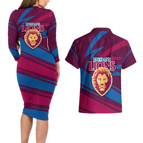 Brisbane Lions Australian Football Couples Matching Long Sleeve Bodycon Dress and Hawaiian Shirt Regal Lion Mascot With Indigenous Pattern Art