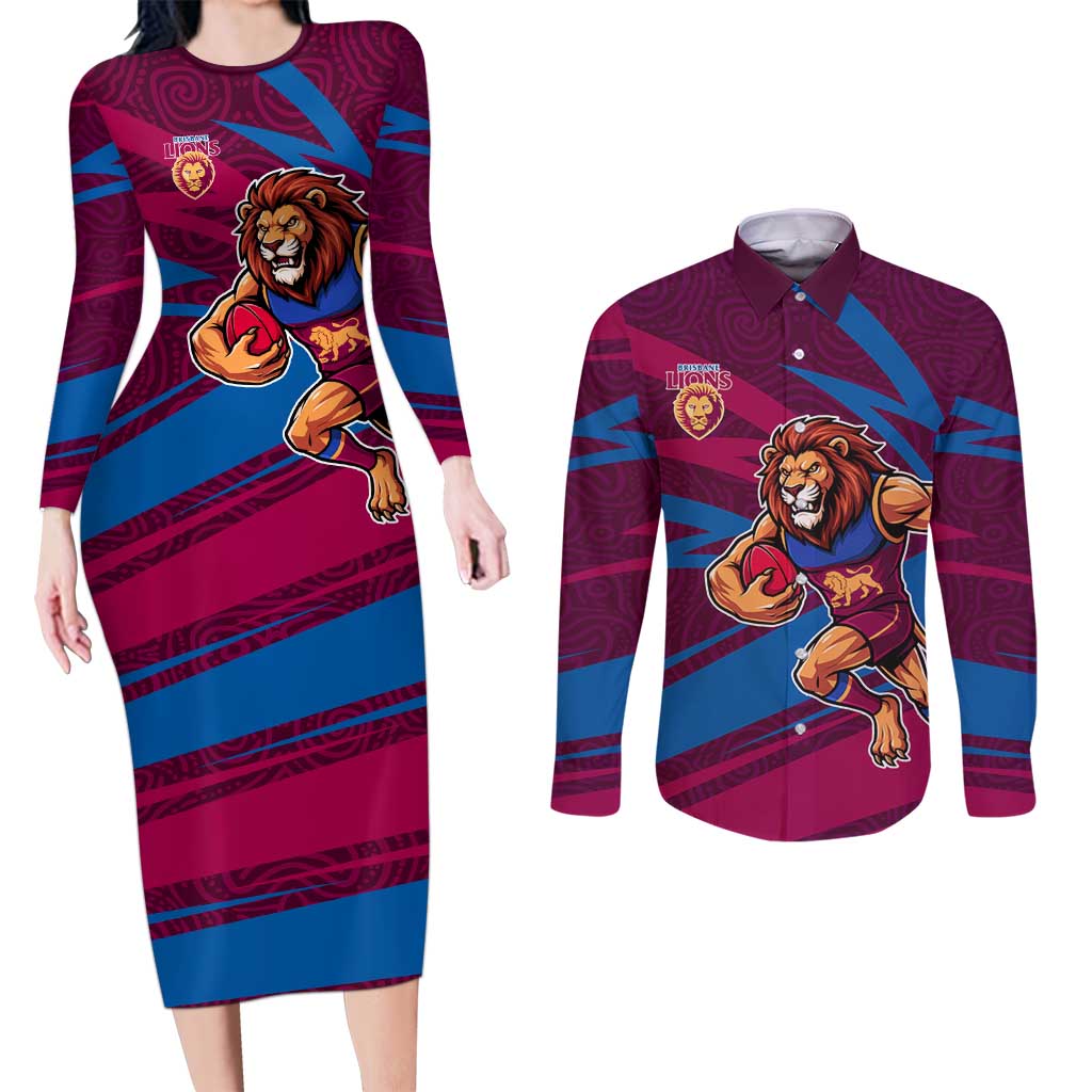 Brisbane Lions Australian Football Couples Matching Long Sleeve Bodycon Dress and Long Sleeve Button Shirt Regal Lion Mascot With Indigenous Pattern Art