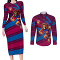 Brisbane Lions Australian Football Couples Matching Long Sleeve Bodycon Dress and Long Sleeve Button Shirt Regal Lion Mascot With Indigenous Pattern Art