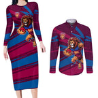 Brisbane Lions Australian Football Couples Matching Long Sleeve Bodycon Dress and Long Sleeve Button Shirt Regal Lion Mascot With Indigenous Pattern Art