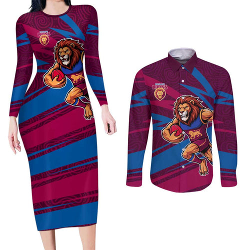 Brisbane Lions Australian Football Couples Matching Long Sleeve Bodycon Dress and Long Sleeve Button Shirt Regal Lion Mascot With Indigenous Pattern Art