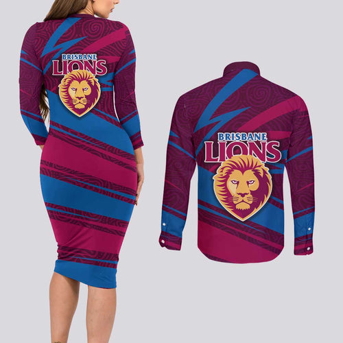 Brisbane Lions Australian Football Couples Matching Long Sleeve Bodycon Dress and Long Sleeve Button Shirt Regal Lion Mascot With Indigenous Pattern Art