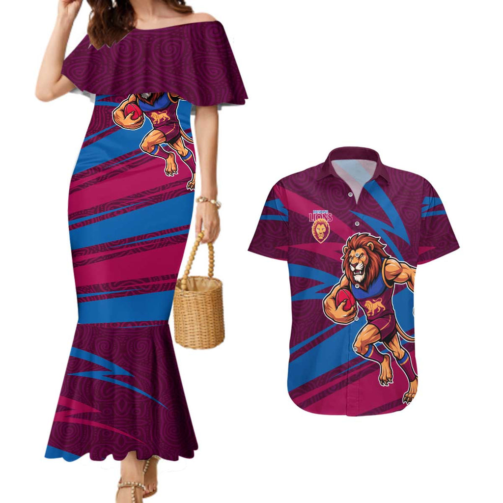 Brisbane Lions Australian Football Couples Matching Mermaid Dress and Hawaiian Shirt Regal Lion Mascot With Indigenous Pattern Art