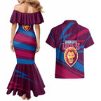 Brisbane Lions Australian Football Couples Matching Mermaid Dress and Hawaiian Shirt Regal Lion Mascot With Indigenous Pattern Art