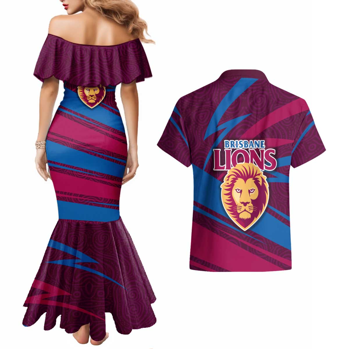 Brisbane Lions Australian Football Couples Matching Mermaid Dress and Hawaiian Shirt Regal Lion Mascot With Indigenous Pattern Art