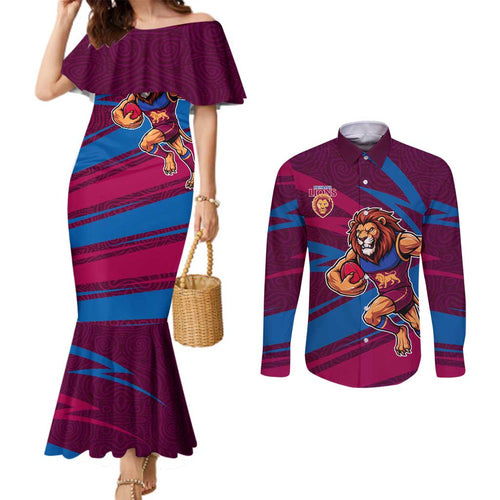 Brisbane Lions Australian Football Couples Matching Mermaid Dress and Long Sleeve Button Shirt Regal Lion Mascot With Indigenous Pattern Art